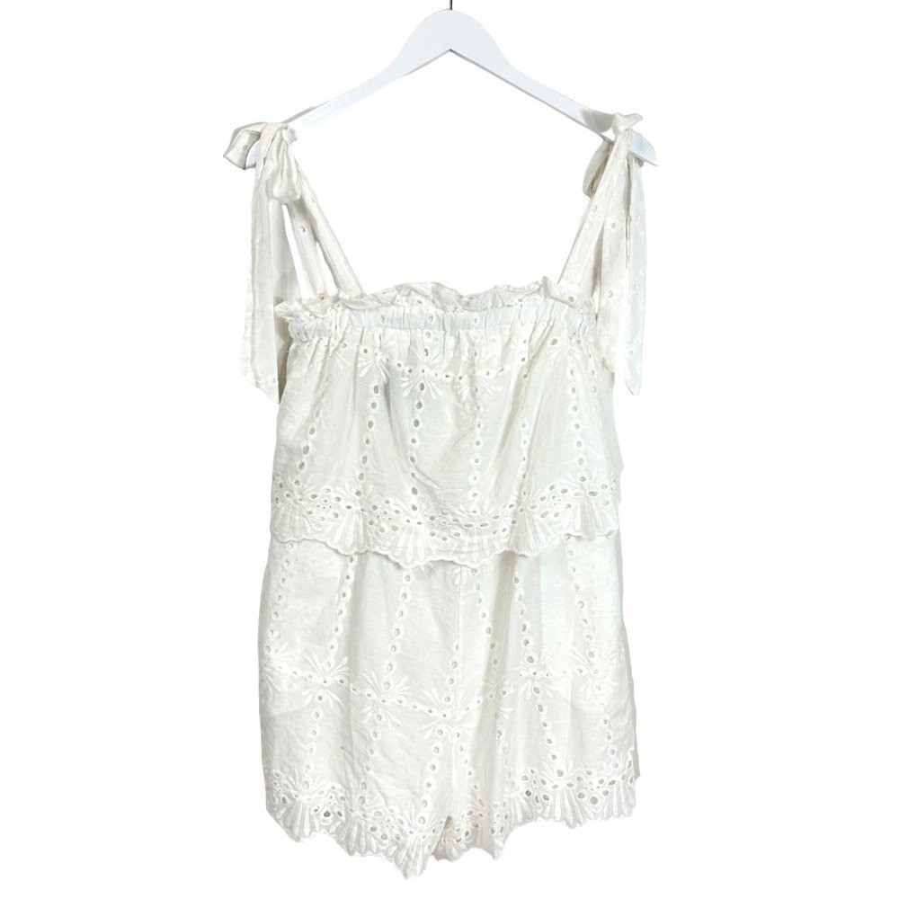 Bighit Womens Eyelet Romper Medium White Tie Shoulder Back Tie Boho